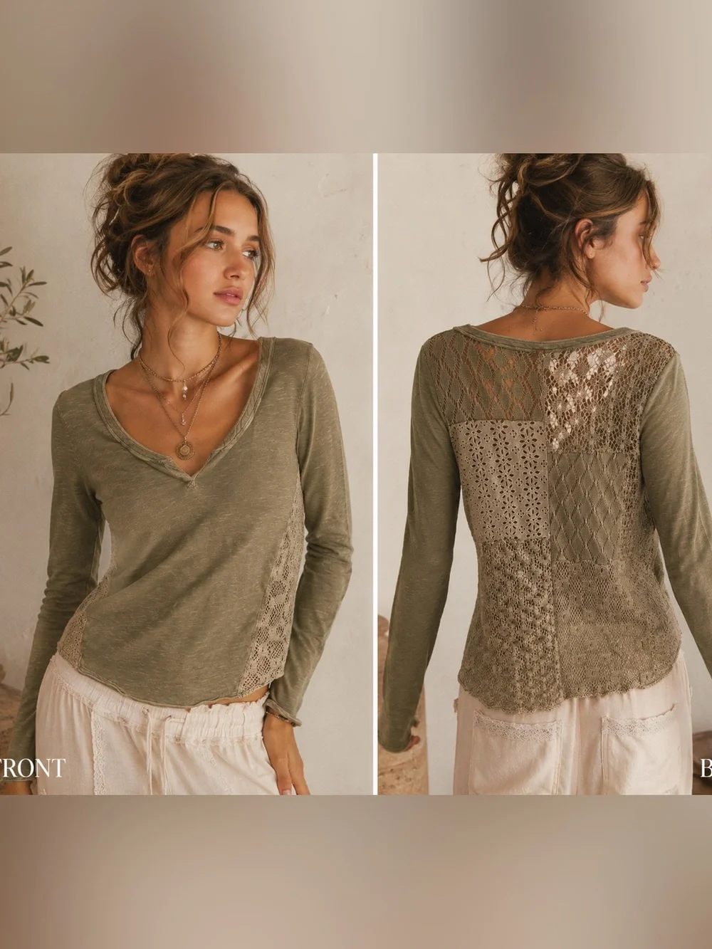 Free People Olive Crochet Lace Patchwork Long Sleeve Boho Top M